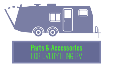 RV silhouette graphic with back opening up with text box underneath stating 'Parts & Accessories For Everything RV'